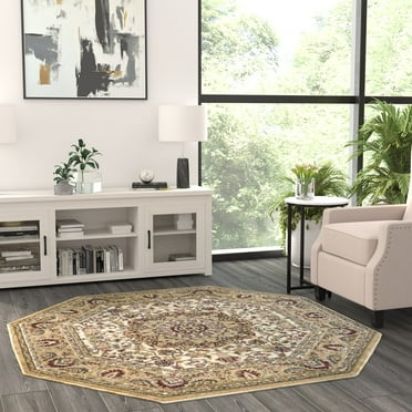 Masada Rugs Traditional Octagon Area Rug Design Bellagio 401 Ivory (5 Feet 3 Inch x 5 Feet 3 Inch)