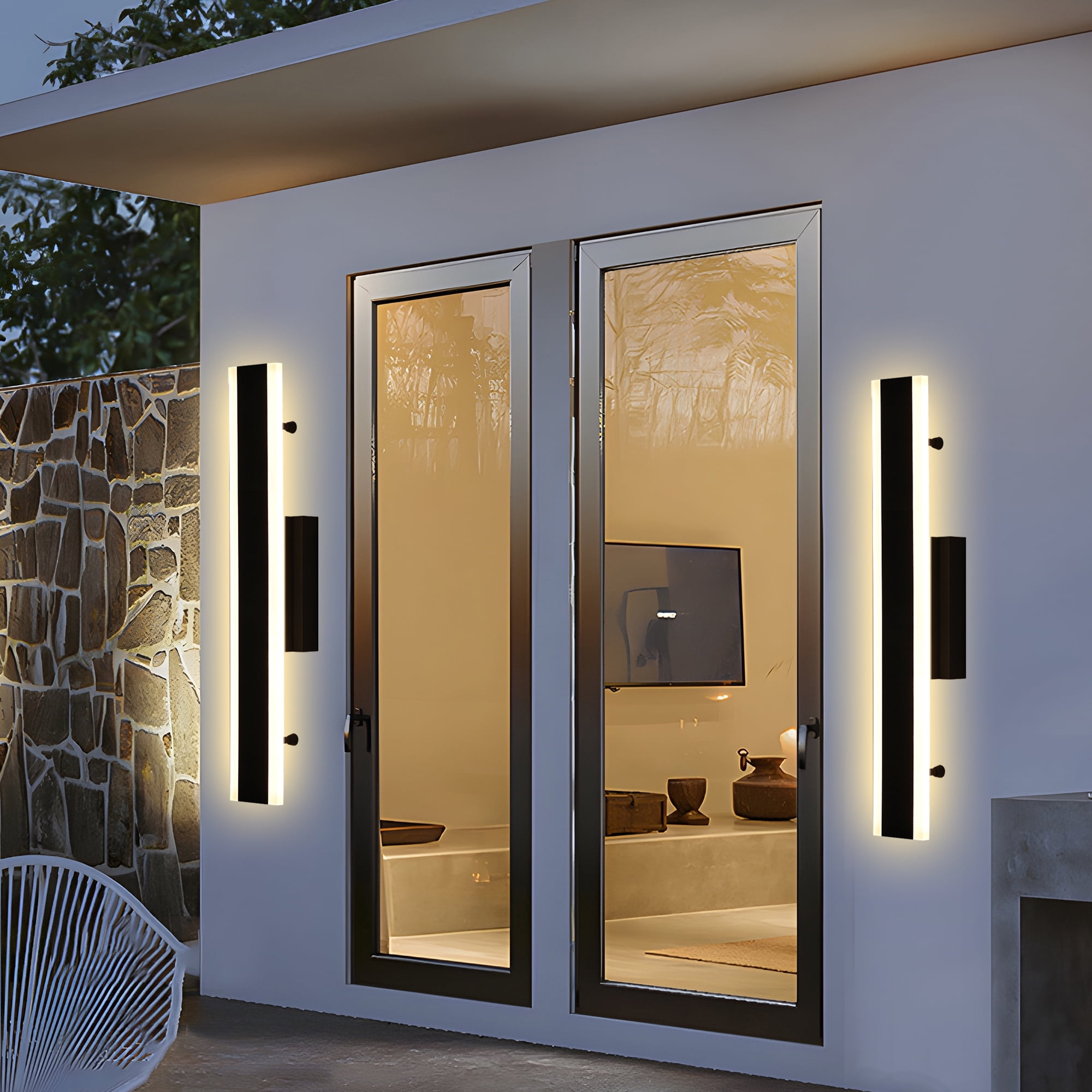 Melucee 2 Pack Long Outdoor Wall Lights, LED 24in Exterior Lighting Fixtures, IP65 Waterproof Matte Black Linear Outside Sconce