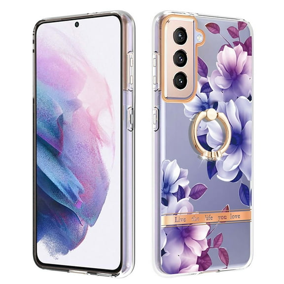 Allytech Floral Design Series Slim Shell Ring Holder Kickstand Shockproof Soft TPU Back Cover Cell Phone Case for Samsung Galaxy S21,Purple Flower
