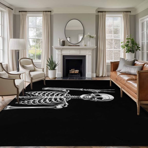 8x10 Area Rugs for Living Room, Halloween Skeleton Non Slip Area Rugs for Kitchen Bedroom Entryway, Retro Funny Skull Abstract Black Washable Carpet Runner Rug Floor Mats for Bedroom Home Decor