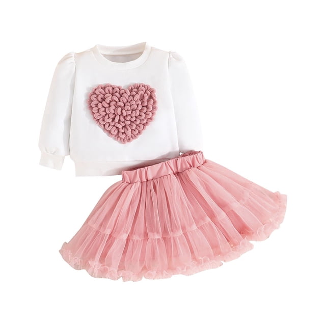 Odeerbi 6M-3Y Niñas San Valentín Conjunto de Dos Piezas Top de Manga Larga Con Falda de Tul Tutú Conjunto de Dos Piezas Top de Cuello Redondo Falda de Malla