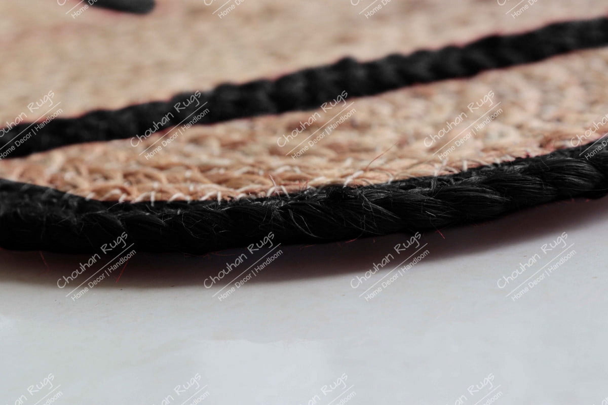 Area Rug Natural Jute Hand Braided Rug Black Scalloped Runner