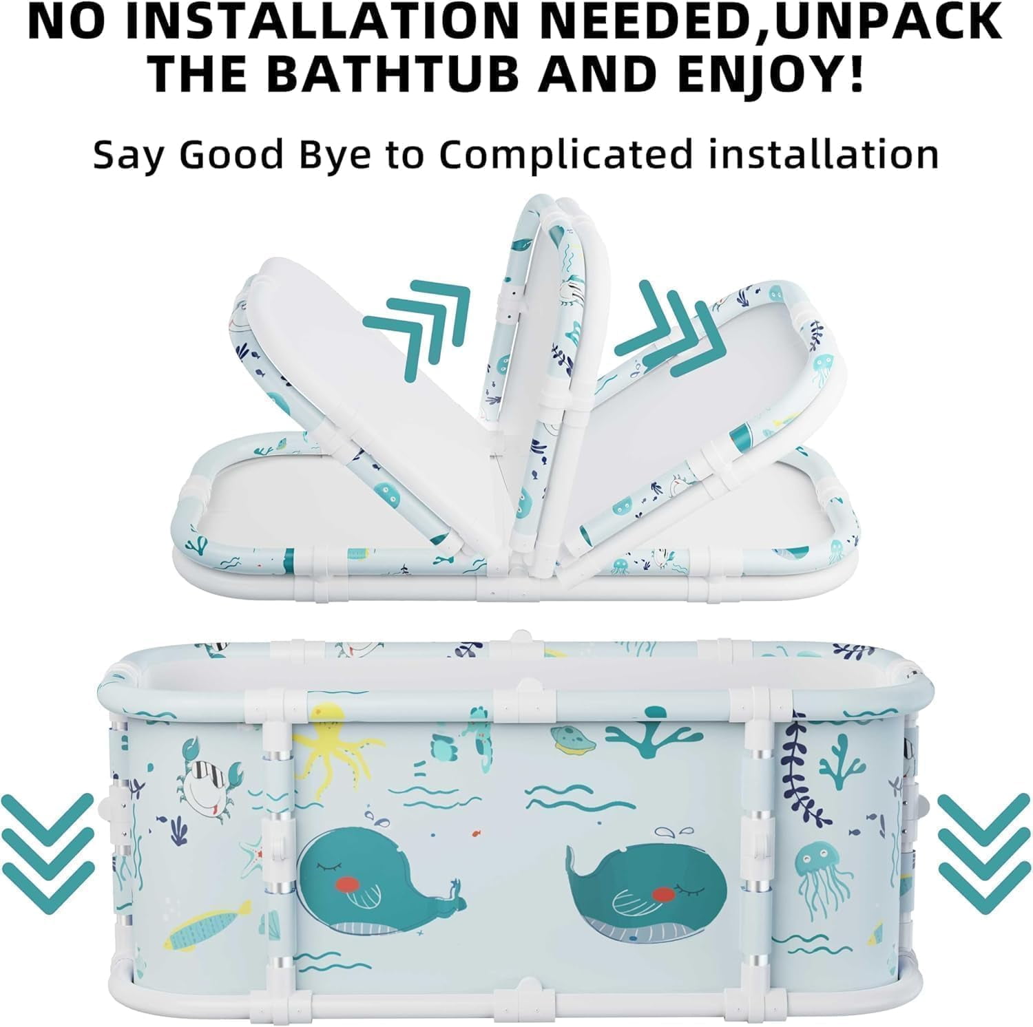 Portable Bathtub, 47“ Foldable Bathtub-Installation Free, 7 Layers Thicken with Metal Support, Therapy Tub for Shower Stall Fold Up Soaking Bath Tub, Hot SPA, Ice (Wonder Ocean EA6)