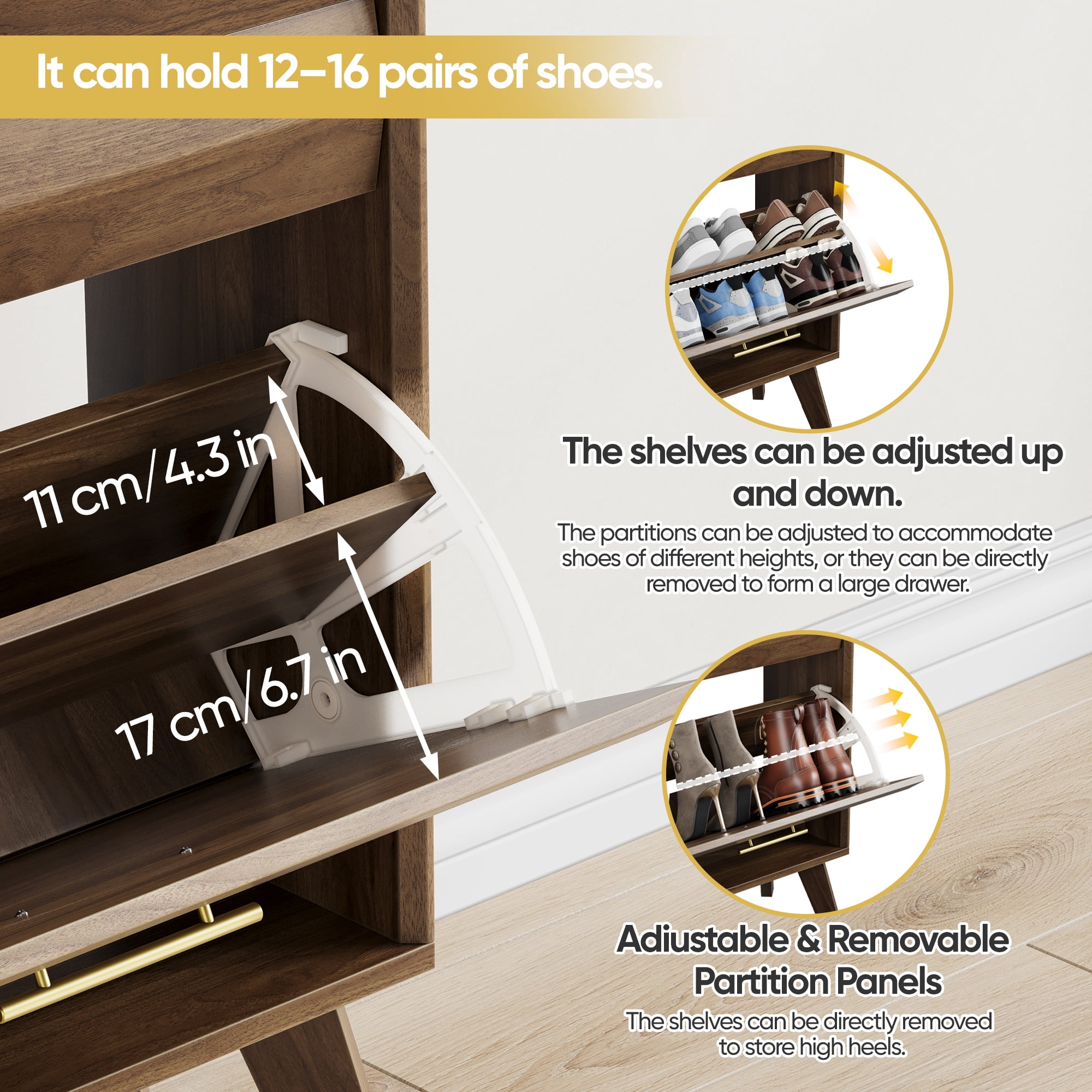23.6 Inch Walnut Slim Flip-Top Shoe Cabinet, Mid-Century Freestanding Narrow Entryway Shoe Rack with Gold Handles & Angled Wood Legs, Large Capacity Tilt-Out Shoe Storage Organizer