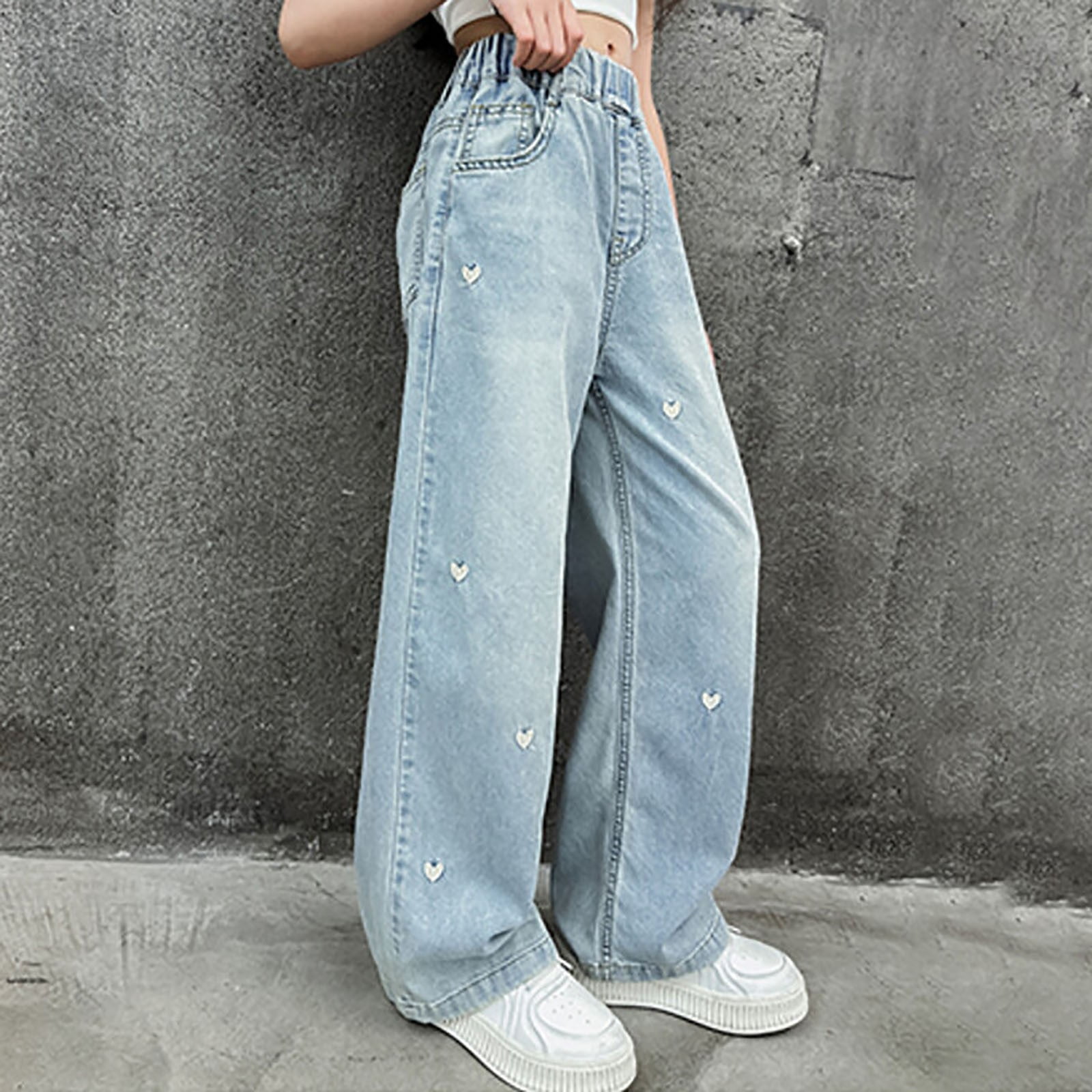 Hudaneo Girls Baggy Jeans Embroidered Hearts Wide Leg Loose fit Casual Denim Pants Size 4-14 Years