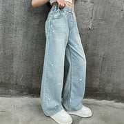 Jeans for Girls 10-12 Baggy Jeans for Teens Girls Baggy Wide Leg Elastic Waist Bowknot Embroidery Denim Pants Y2K Trendy Streetwear 12-16Y