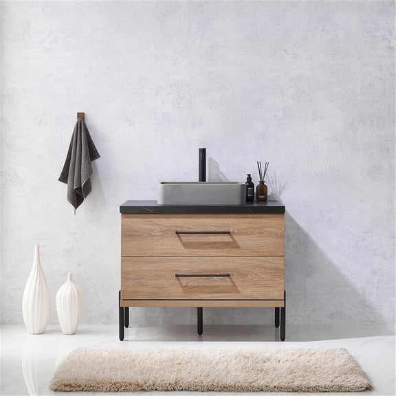 Trento 36" Black Sintered Stone Top Concrete Sink North American Oak Bath Vanity
