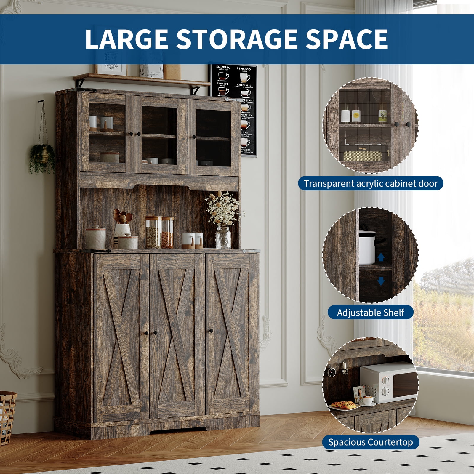 Brown Kitchen Pantry Cabinet with Charging Station – Farmhouse Freestanding Cupboard Storage with Countertop, Adjustable Shelves & Anti-Tip Design for Kitchen, Dining Room, or Living Room