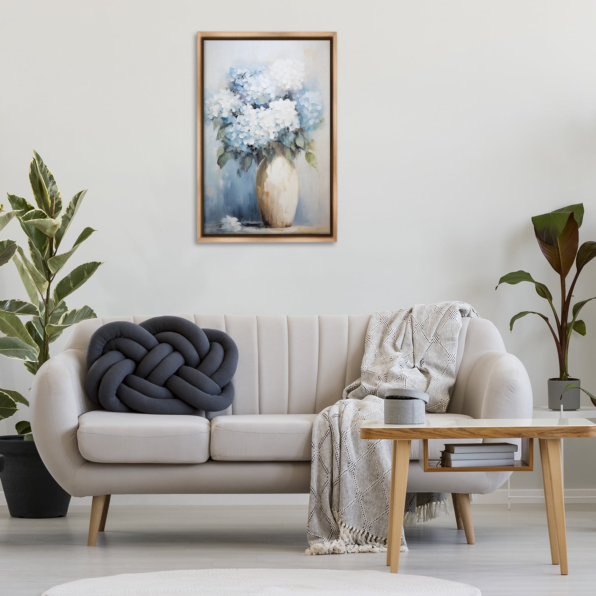 Stupell Industries White & Blue Hydrangeas Botanical & Floral Painting Brown Floater Framed Art Print Wall Art, 21 x 31