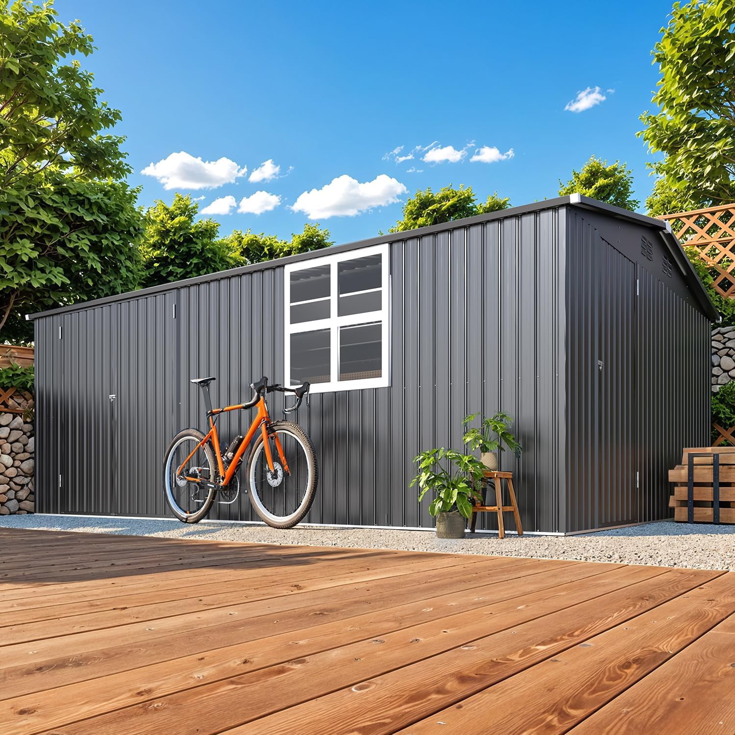 AECOJOY 16' x 12' Outdoor Storage Shed with Side & Front Doors, Metal Garden Storage Building with Windows in Dark Gray for Outside