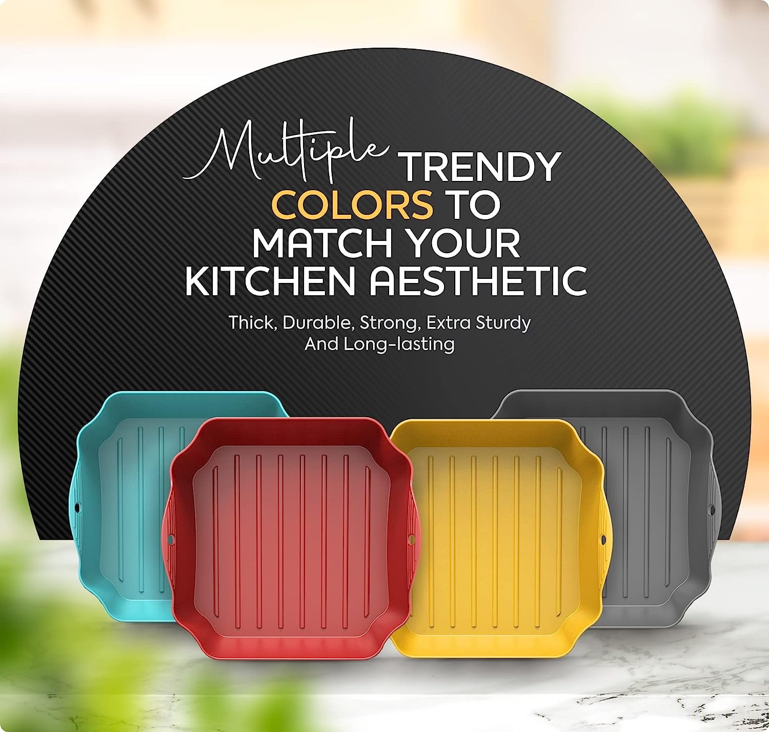 JJEAN-Silicone Air Fryer Liners Set OF 4, for 5-8QT Tray Baking Oven, 8.5” Reusable Square with Handles & Holes, Inserts, Accessories