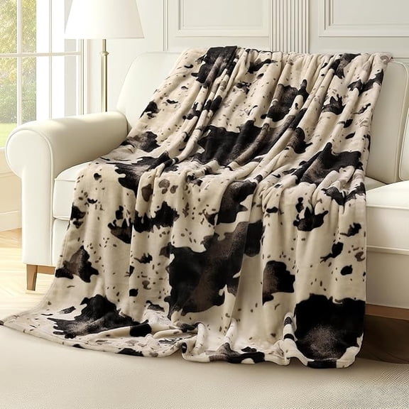 Blunique Cow Print Flannel Blanket, Ultra Soft Large Fleece Throw Blanket, All-Season Comfort, Home Decor for Sofa Bed Couch, Ideal Gift for Women & Girls, Light Brown Queen 90"x90"