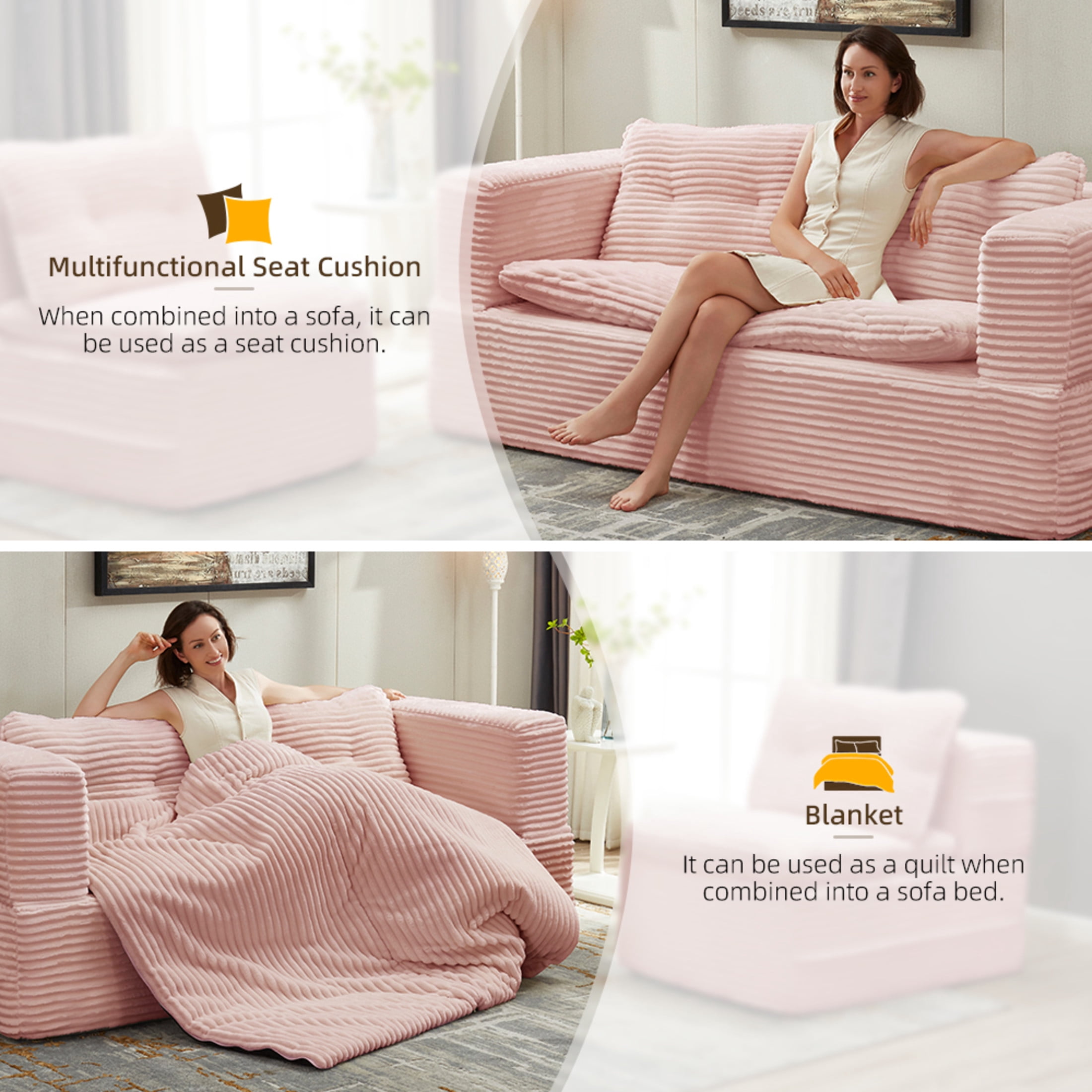 Noble House 80" Convertible Sectional Sofa Bed, Plush Corduroy King Size Sleeper with Chaise, Living Room, Baby Pink