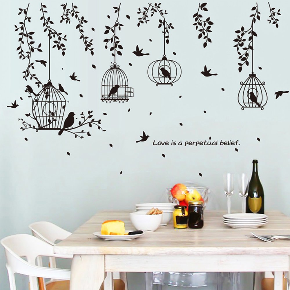 Windfall Flower Birdcages with Black Birds Wall Decal Vinyl Butterfly