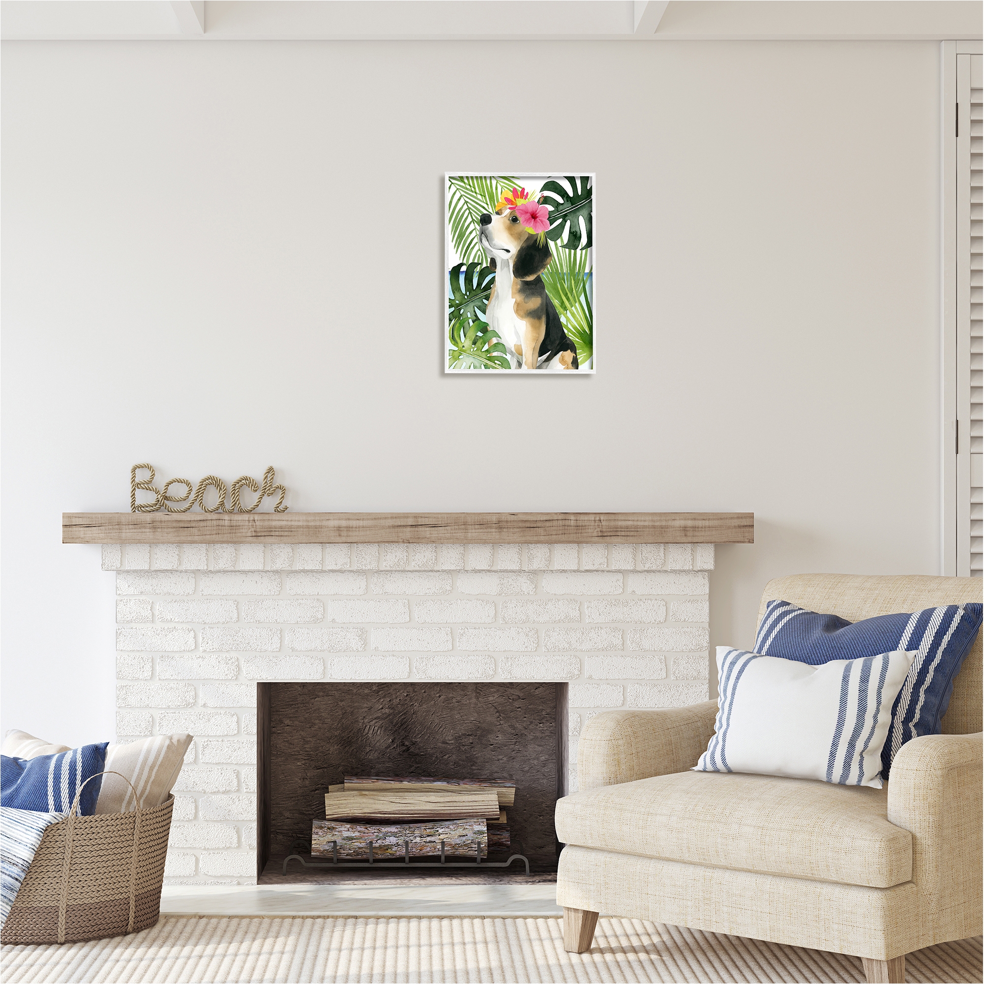 Stupell Industries Puppy with Hibiscus Animals & Insects Painting White Framed Art Print Wall Art, 16 x 20
