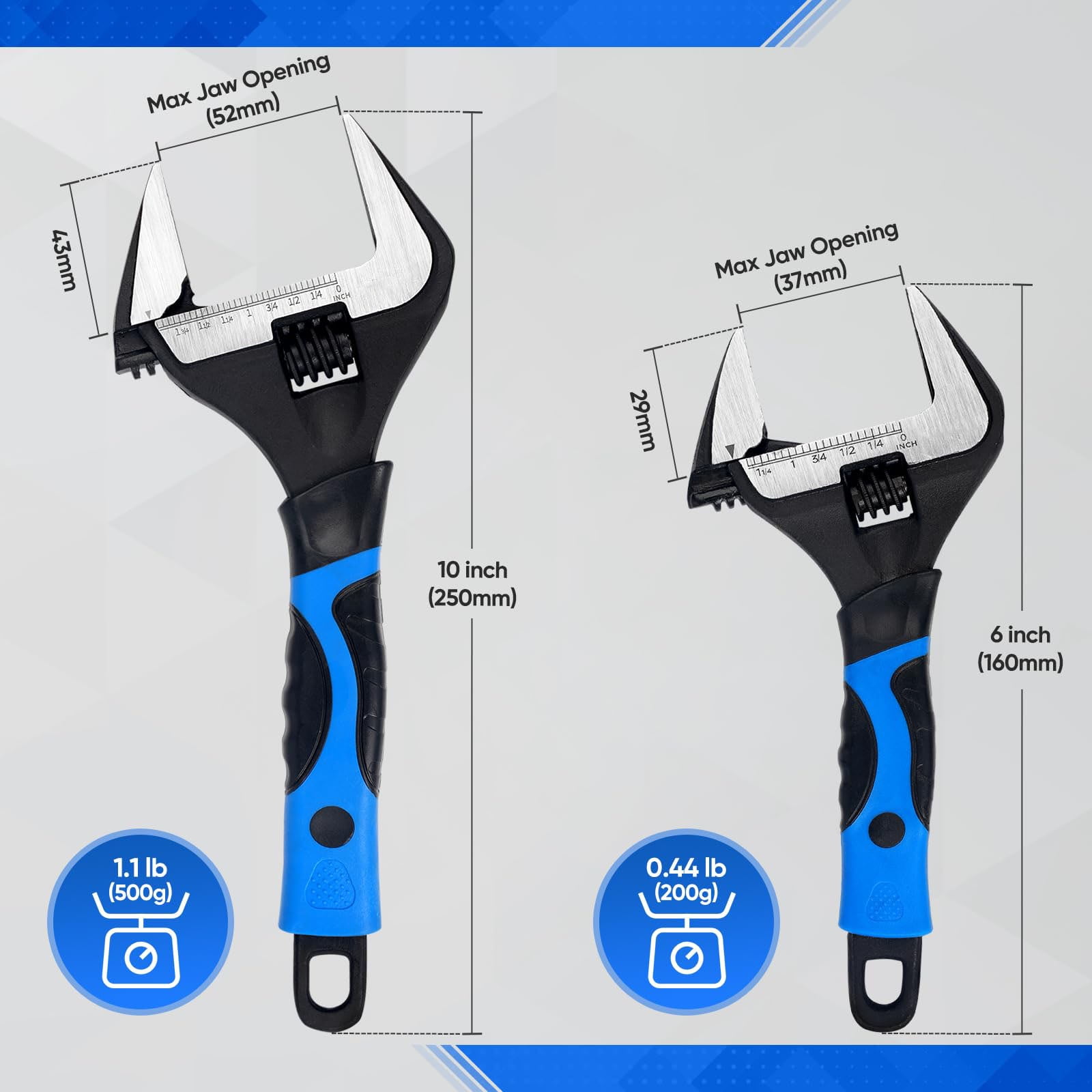2 Pcs Wide Opening Adjustable Wrench Set, 6 Inch & 10 Inch Deep Jaw Wrenches, for Home, Garage, and Workshop DIY