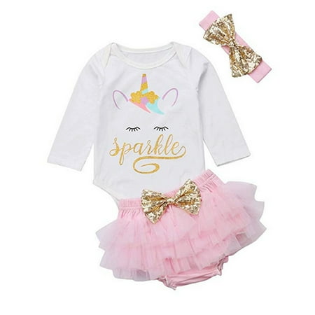 Newborn Toddler Baby Girls Unicorn Long Sleeve Romper Jumpsuit Outfit + Tutu Skirt Dress + Headband Clothing Set