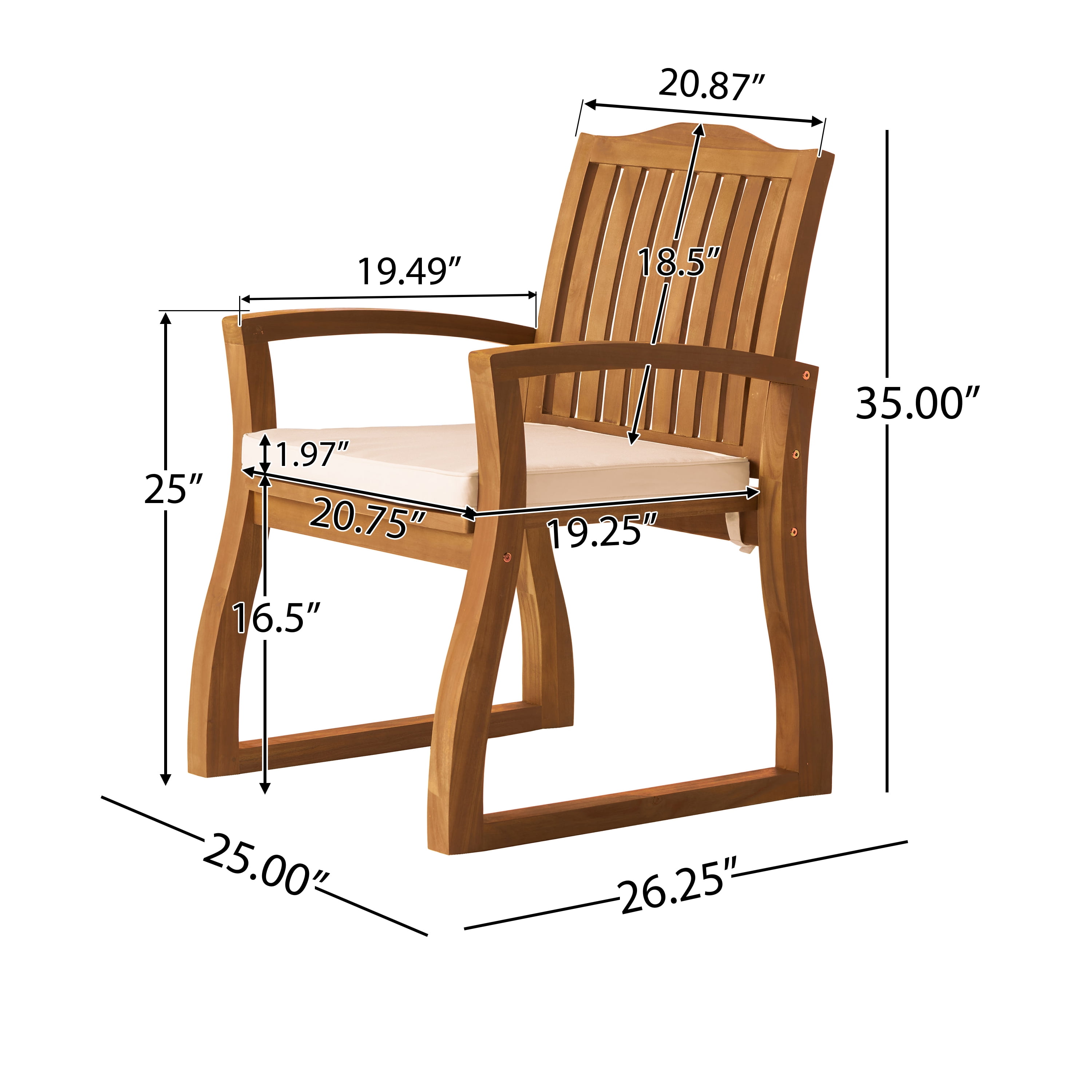 Outdoor Acacia Wood Armrest Dining Chair Set of 2, Household Leisure Seats for Patio Garden, Teak and Ivory
