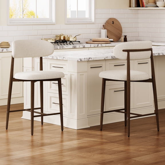 Leumius 26" Counter Height Bar Stools Set of 2,Upholstered Linen Bar Chairs with Metal Legs,Modern Kitchen Island Counter Chairs for Kitchen Island,Dining Room,300LBS,Walnut