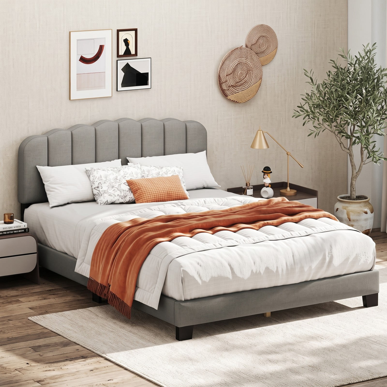 Furnibear Queen Size Bed Frame, Upholstered Platform Bed Frame with Adjustable Scalloped Headboard and LVL Slat Support, Queen Bed No Box Spring, Gray