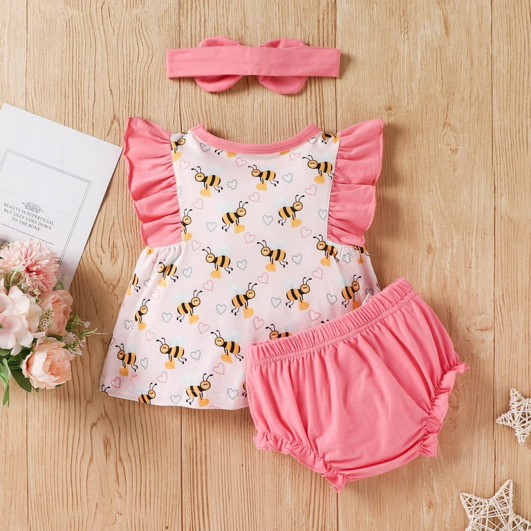 Baby Girl Clothes 3 6 Months Baby Rose Outfit Toddler Girls Fly Sleeve Ruffles Cartoon Bee Prints T Shirt Tops Bowknot Shorts Headbands Outfits