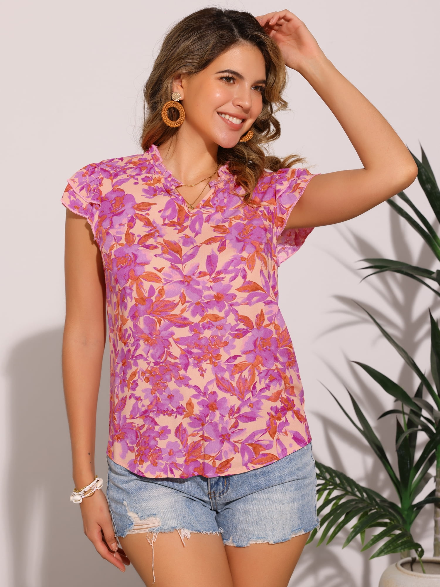 DARING DIVA Women's Ruffled V Neck Cap Sleeve Casual Floral Tops S Hot Pink