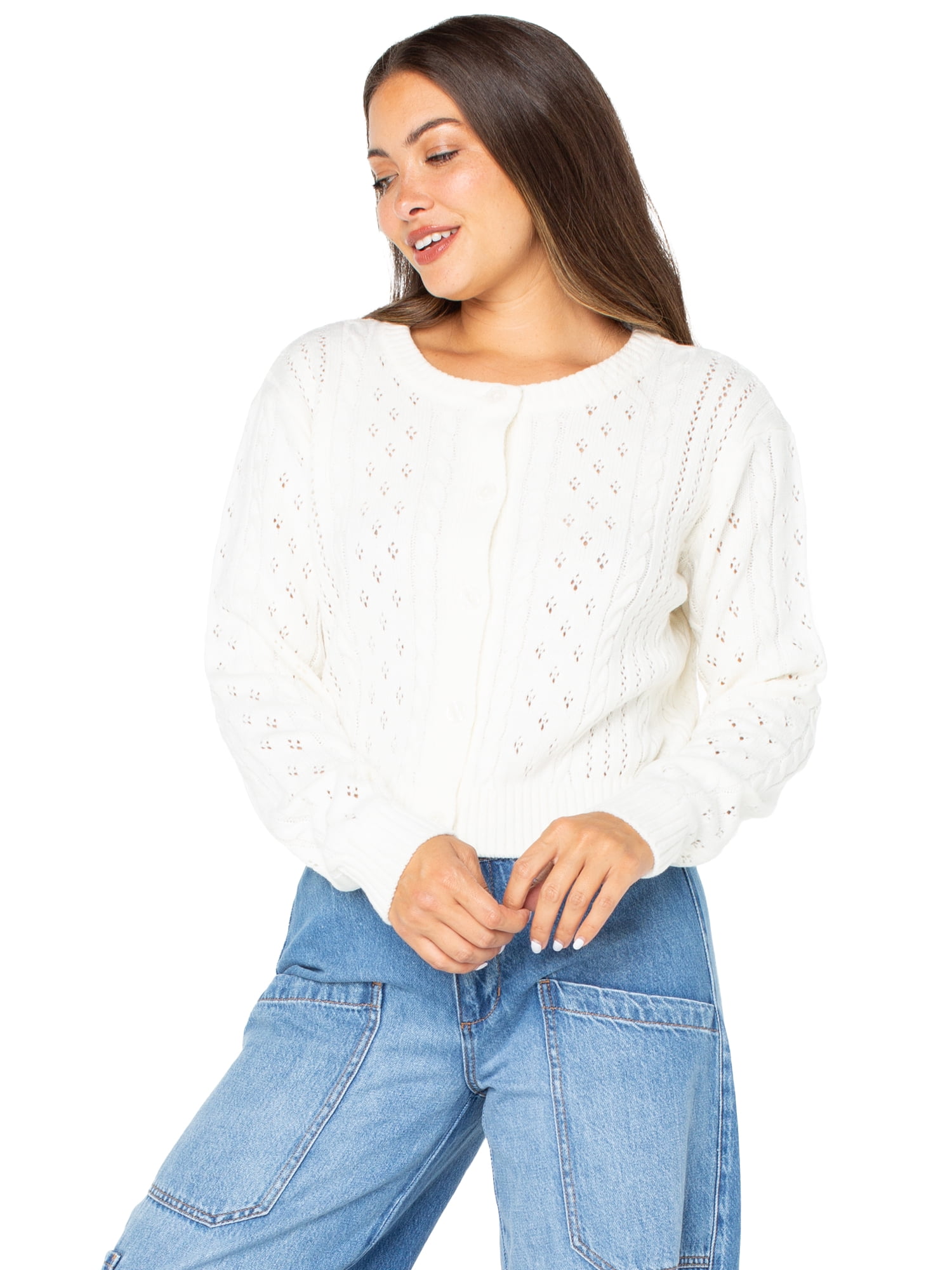 Celebrity Pink Women's Pointelle Crewneck Cardigan Sweater, Sizes XS-XXXL