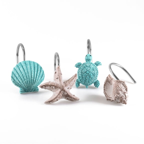 Seashell Sea Turtle Starfish Conch Shower Curtain Hooks:12 Pcs Nautical Ocean Beach Coastal Theme Decorative Stainless Steel Rings for Tropical Bathroom Beach House Kids & Guest Room Décor
