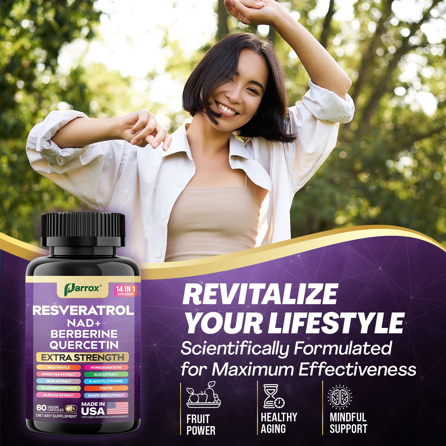 Resveratrol Supplement with Milk Thistle, NAD, Berberine, Quercetin, Fisetin, Pomegranate, Green Tea, Noni, Acai, Blueberry, Grape Seed Extracts, N-Acetyl Cysteine, 14-in-1 Extra Strength (60 Caps)
