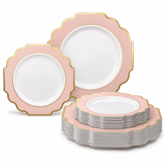 Occasions Pink Plastic Plates - Fancy Scalloped Disposable 50 Pack (25 Guests) Heavy Duty Dinner & Salad/dessert Wedding Party Shower-like (10.5" And 8") Imperial Blush