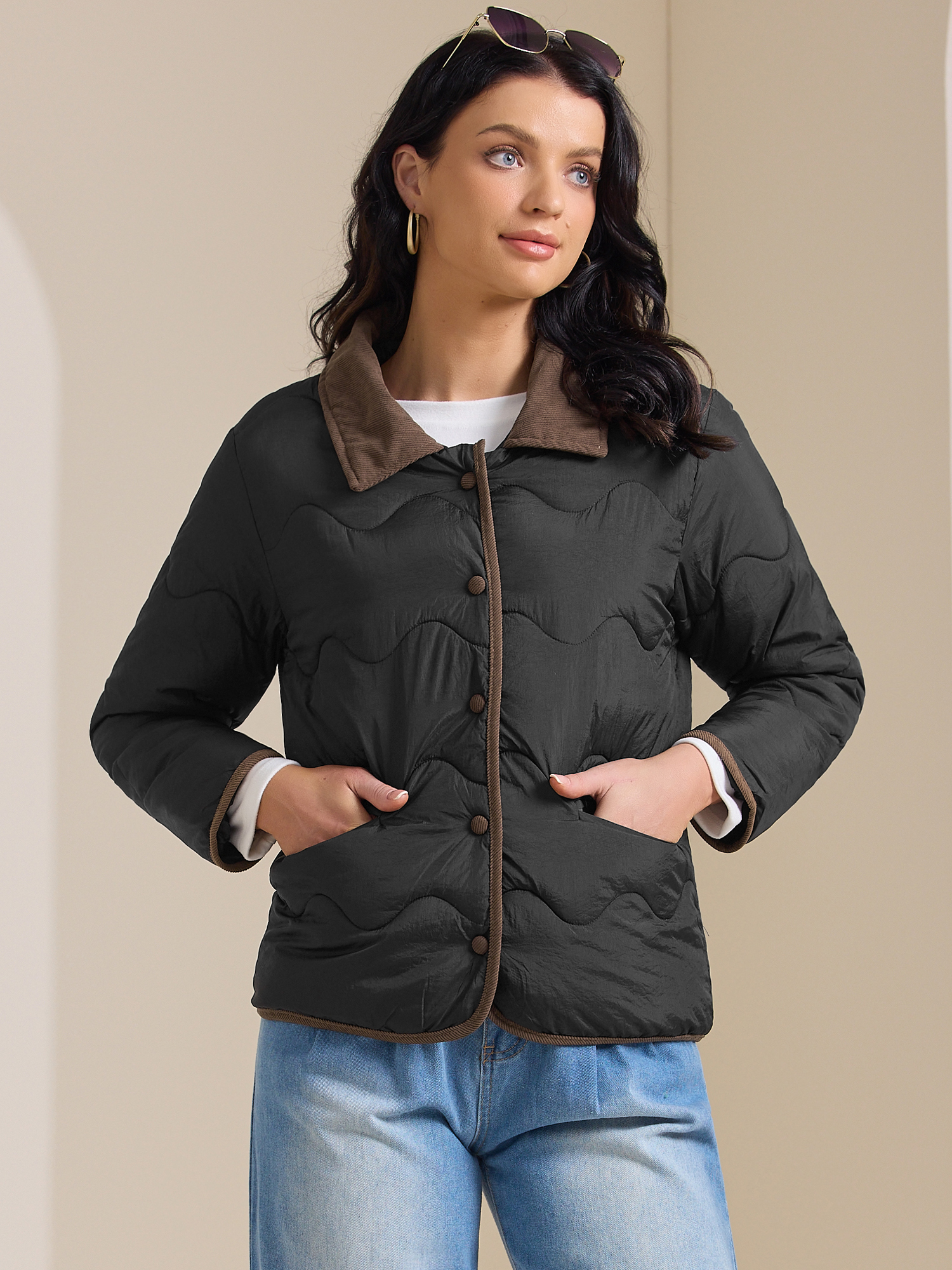 DARING DIVA Long Sleeve Button Down Puffer Padded  Coats S Black