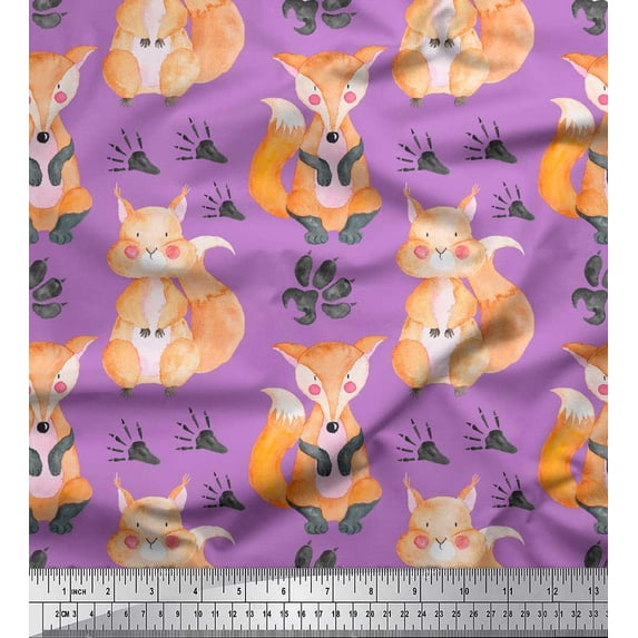 Soimoi Purple Poly Georgette Fabric Cat & Fox Kids Print Fabric by the Yard 42 Inch Wide