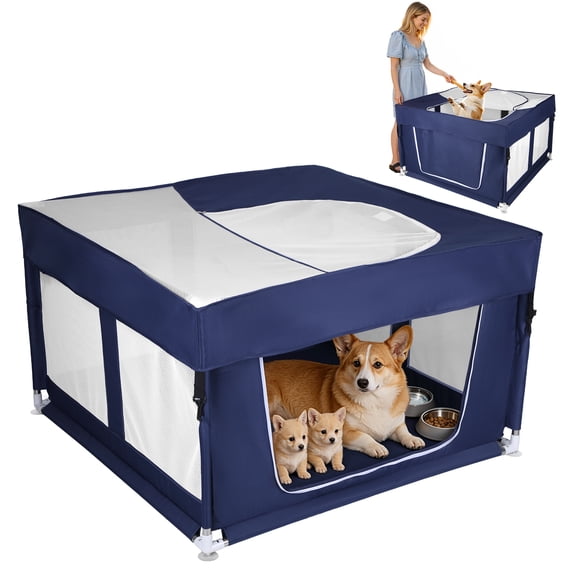 Rlietter Foldable Dog Playpen with Top Cover for Dogs & Cats, Indoor Outdoor Puppy Fence with Sturdy Steel Frame