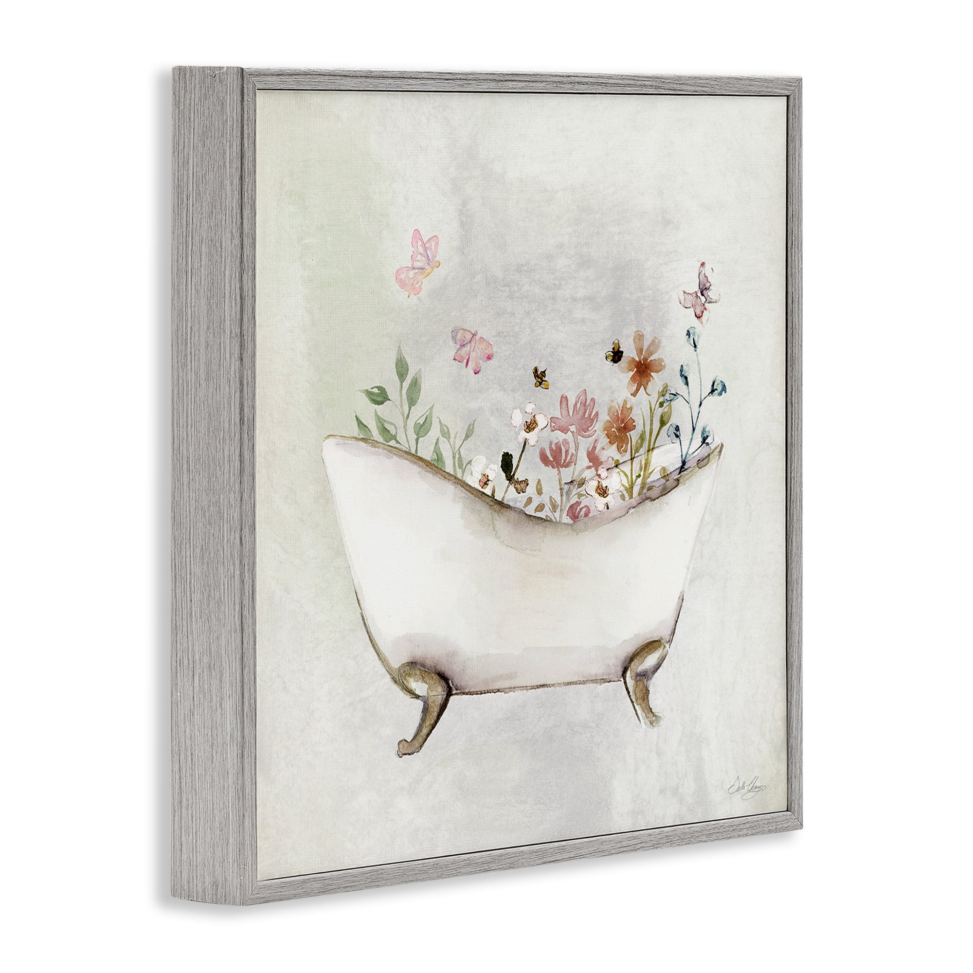 Stupell Industries Butterfly Floral Bath Typography Painting Gray Framed Art Print Wall Art, 12 x 12