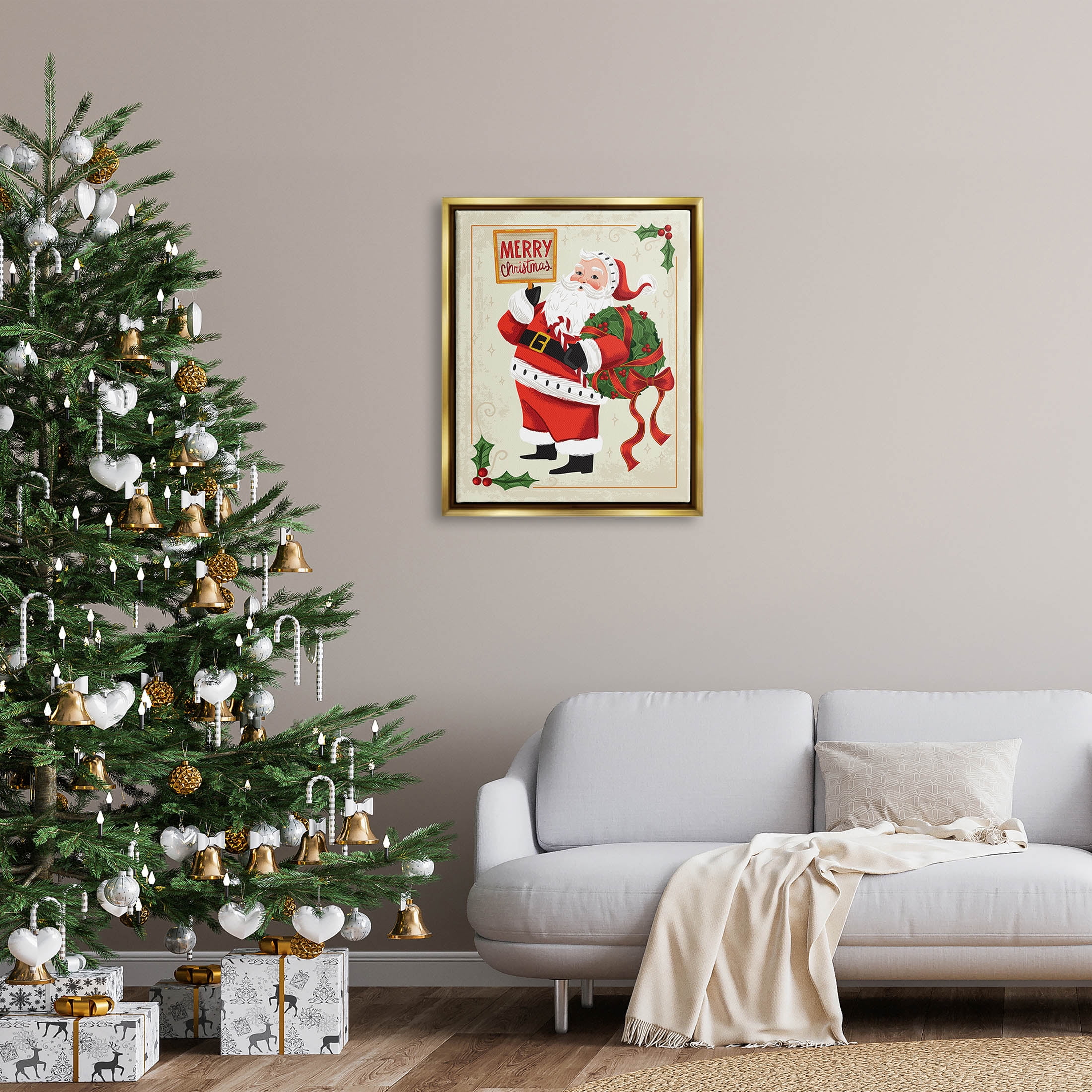 Merry Christmas Vintage Santa Holiday Graphic Art Metallic Gold Framed Art Print Wall Art