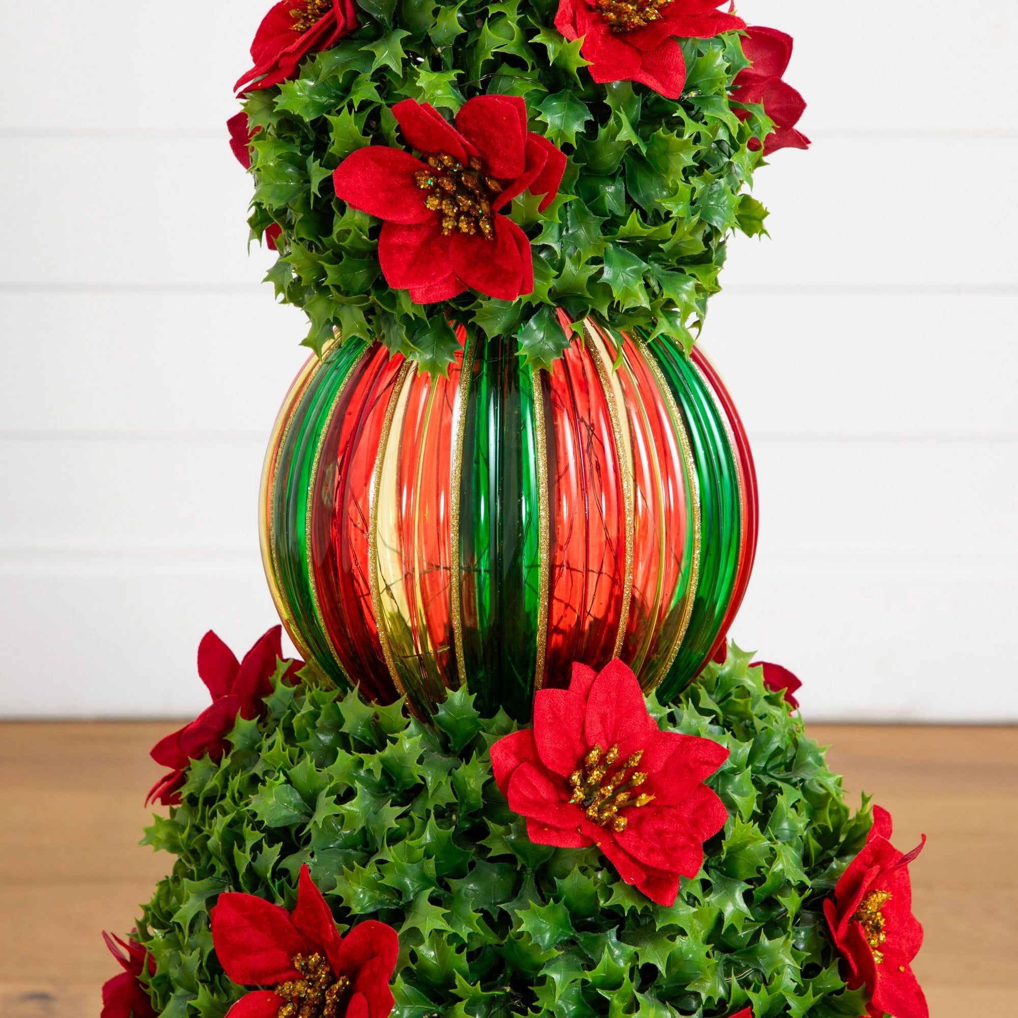 3ft. Pre-Lit Artificial Christmas Ornament Holly Berry Topiary Tree with Poinsettias and 70 LED Lights in Decorative Urn