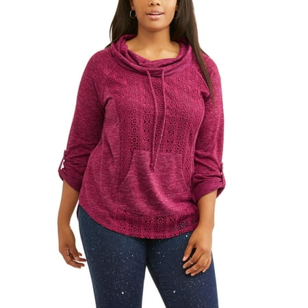 Juniors' Plus Lace Overlay Cowl Neck Pullover