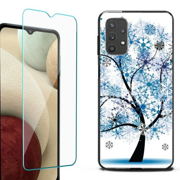 Slim-Fit Flexible TPU Gel Phone Case (black) for Samsung Galaxy A32 5G, with Tempered Glass Screen Protector, by OneToughShield ® - Snowflakes Tree
