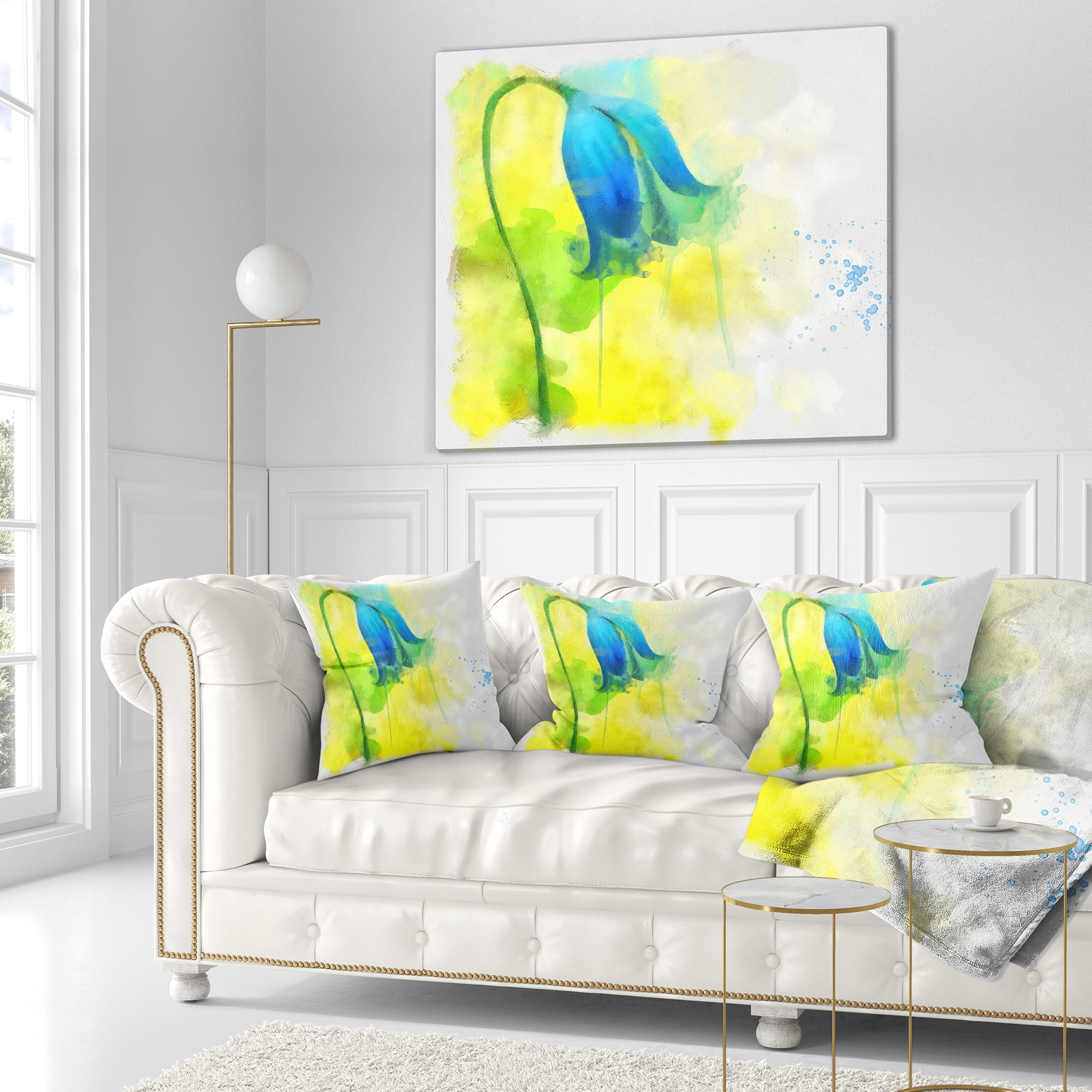 Designart Blue Flower with Yellow Splashes - Floral Throw Pillow - 16x16