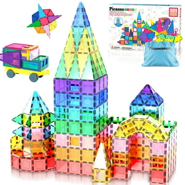 PICASSO-TILES Magnetic Tiles For Kids with Tote Bag, 101PCS Construction STEM Building Blocks Educational Toy
