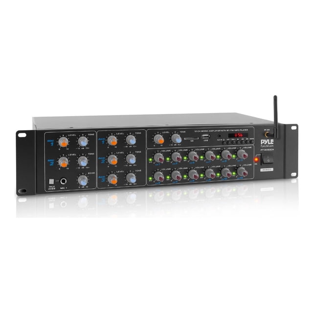 Amplificador de Potencia Bluetooth 600W Pyle, 12 Canales, Montaje en Rack, con Mezclador de Sonido Multi-Zona, Entradas RCA, USB y AUX, Ideal para Restaurantes, Teatros, Estudios o Escenarios