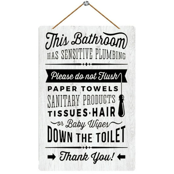 Wood Hanging Sign This Bathroom Has Sensitive Plumbing Please Do Not Flush Paper Towels Sanitary Products Wood Sign Vintage Home Decor Wooden Farmhouse Wall Decor For Living Room Decor 12" X 8"