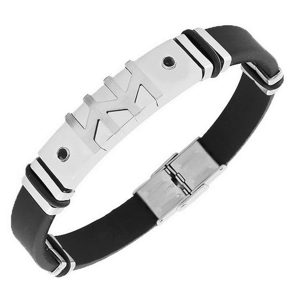 Stainless Steel Black Rubber Silicone Silver-Tone Black CZ Mens Bracelet