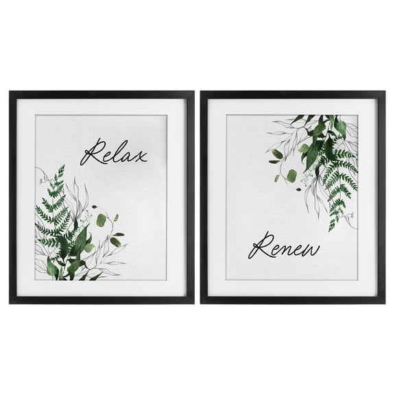 Relax Renew Botanical Leaves 2 Piece Black Framed Print Under Glass Set, design by Lettered and Lined