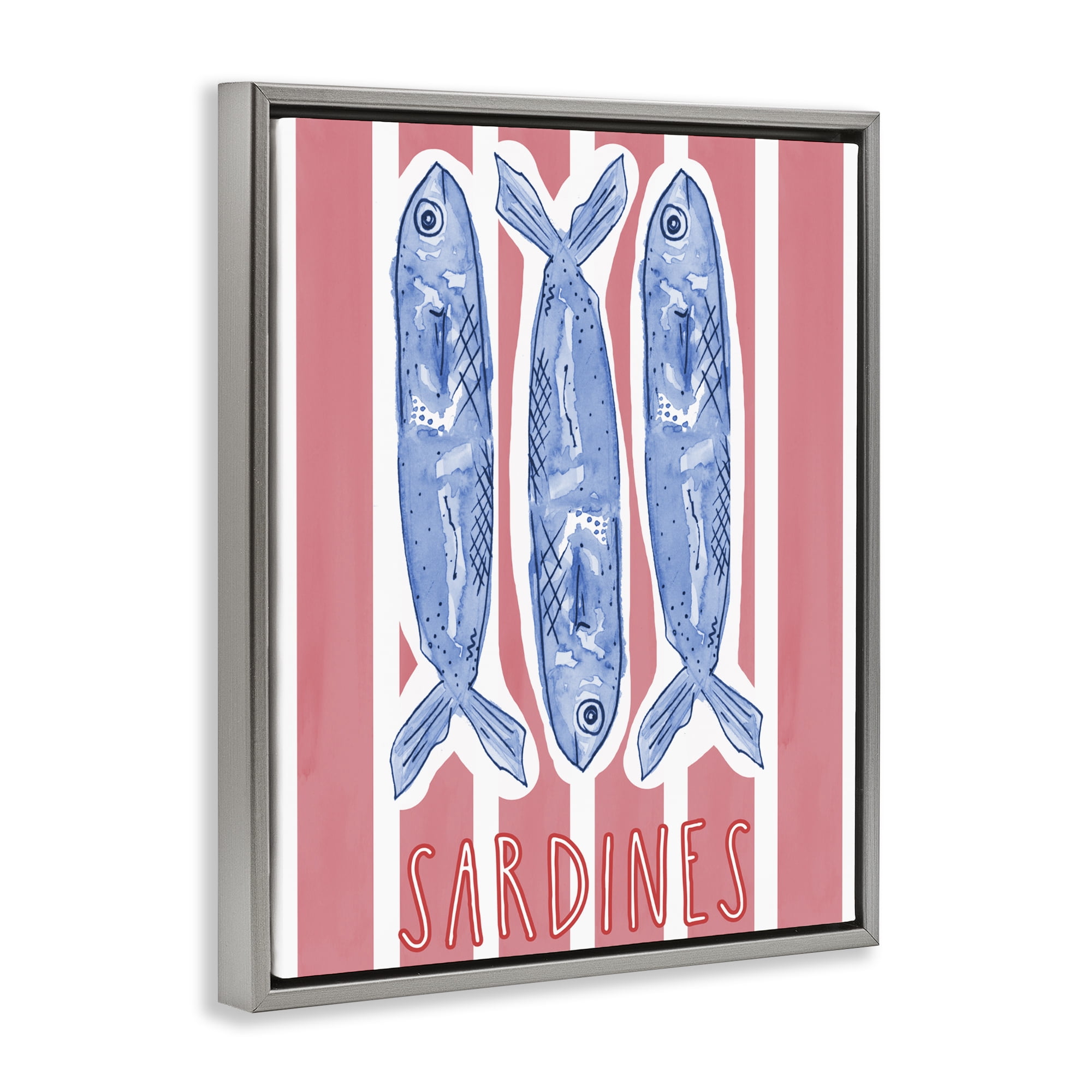 Stupell Industries Americana Sardines on Pink Stripes Gray Framed Floater Canvas Wall Art, design by Nola James