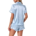 thumbnail image 3 of INSPIRE CHIC Women's Satin Pajama Sets Silky Lounge Sets Button Down Short Sleeve Shirt Ruffle Shorts 2 Piece Sleepwear L Blue Striped, 3 of 6