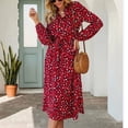 thumbnail image 2 of Vestido Leopardo Cuello alto Estampado floral Manga larga linterna Vestido de longitud media para dama Rojo L, 2 of 6