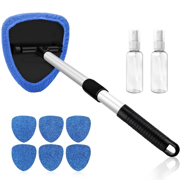 Windshield Cleaner Tool with 180° Rotating Head, Car Window Cleaner with Extendable Handle, 7 Reusable Microfiber Covers and 2 Spray Bottles