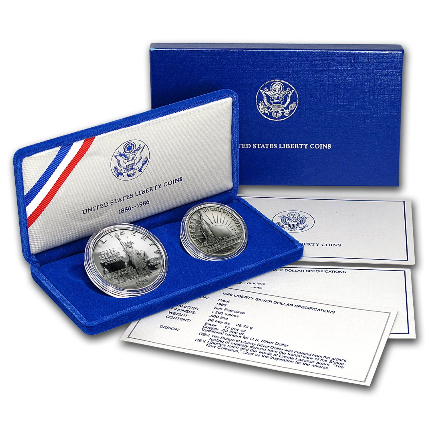 1986 S Statue of Liberty Commemorative Proof Coin Set Silver Dollar & Half 