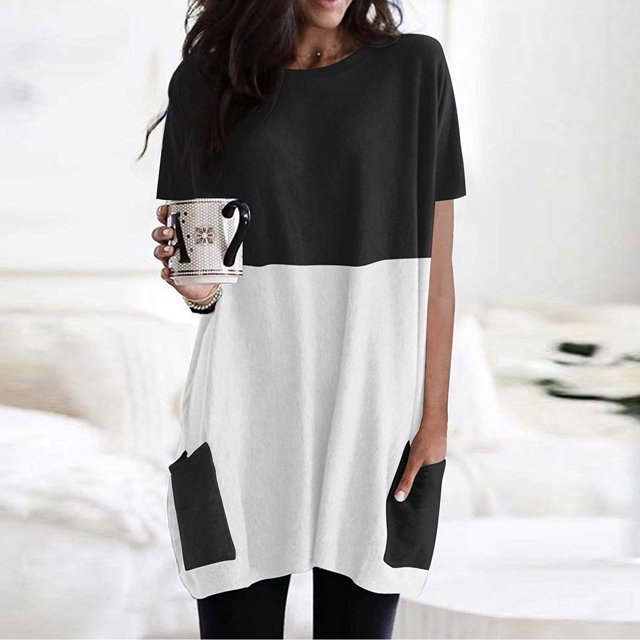 Liquidation et Promo, Robe Tunique Longue Décontractée Légère à Manches Courtes pour Femme avec Poches pour un Confort Quotidien et un Style Relax Facile à Habiller/polyester, Noir, Sopatenor
